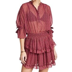 MISA Los Angeles Burgundy‎ Ruffle Mini Dress XS Boho Smocked Tiered Sheer